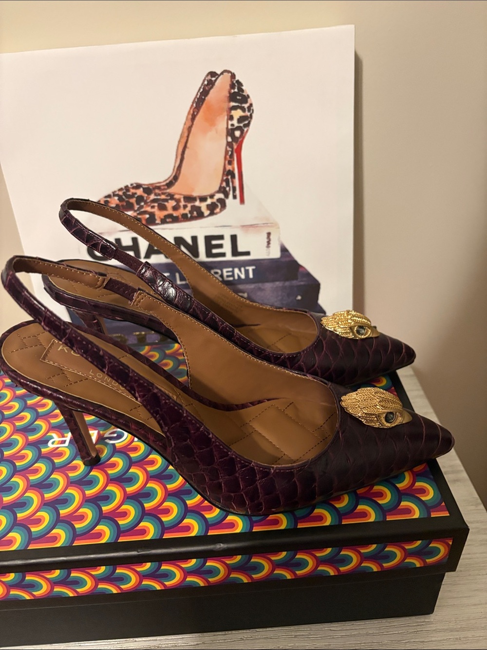 Kurt Geiger Burgundy BELGRAVIA Quilted Slingback Heels with Gold Emblem US7.5 - Picture 2 of 6